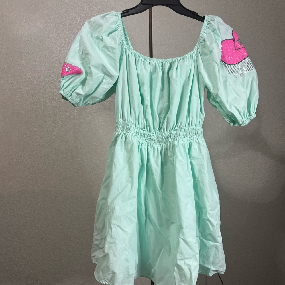 Western Boots & Hat Sequin Patch Mint Dress